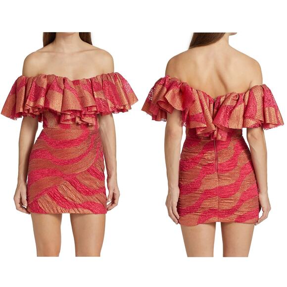 NWT RAISA VANESSA Metallic Lace Off The Shoulder Ruffled Minidress, FR38/US6 - Picture 2 of 9